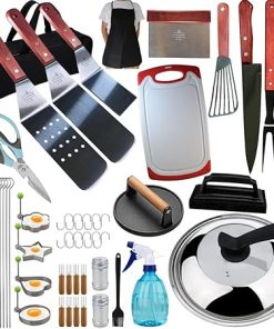 La Cuisine 49 pcs Flat Top Grill Griddle Accessories BBQ Tools, SS Spatulas Fork Knife Meat Press with Non-Slip Heat-Resistant Wood Handle and Most BBQ Essential Tools for Grill Blackstone