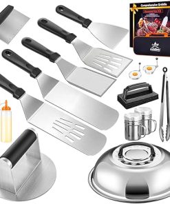 Griddle Accessories for Blackstone with Smashed Burger Press,19Pcs Griddle Accessories kit for Hibachi, Enlarged Grill Spatula, Salt and Pepper Shakers, Grill Black Tools Set