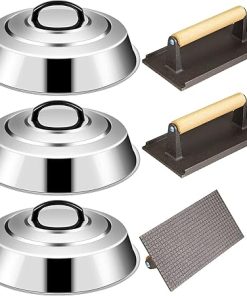 Tessco 7 Pcs Griddle Accessories Set Includes 3 Pcs 12.6 Inch Cheese Melting Dome Round Basting Cover 3 Pcs Smash Burger Press for Griddle Cast Iron Meat Press and Screwdriver for Flat Top Grill BBQ