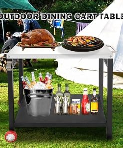 Grill Cart Outdoor Pizza Oven Stand Dining Cart Table with Wheels Hooks and Side Handle Movable Outdoor Cooking Table for Pizza Oven, Patio Grilling Backyard BBQ Grill 2