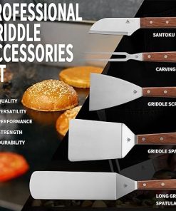 GRILLGEN 6-Piece Professional Griddle Accessories Kit for Griddle Cooking, Premium Rosewood Handles Spatulas Set with Scraper, Santoku Knife, Carving Fork, Storage Bag, Flat Top Grill Accessories 2