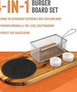 Yukon Glory™ Burger Serving Set, Perfect For Foodies, Burger Lovers and Tablescapes, Includes Premium Acacia Wood Board With Slate, Stainless Steel Fry Basket and Porcelain Condiment Cups, 2