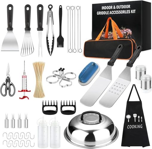 143Pcs Griddle Accessories Kit, Griddle Grill Tools Set for Blackstone and Camp Chef, Flat Top Grill Accessories Set BBQ Tools with Spatulas, Basting Cover, Egg Mold, Carry Bag for Outdoor BBQ