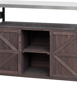 Outdoor Kitchen Island Rolling Bar Cart with Stainless Steel Top and Storage, Dark Brown Wood, Modular Design