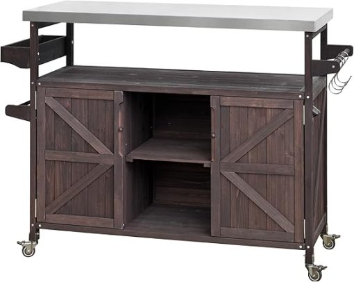 Outdoor Kitchen Island Rolling Bar Cart with Stainless Steel Top and Storage, Dark Brown Wood, Modular Design