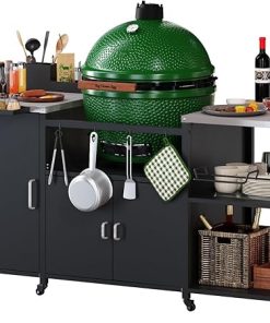 Outdoor Grill Cart for Big Green Egg, Heavy Duty Grill Station Prep Table with Storage, Multifunctional Metal Grill Table Compatible with XL Green Egg, Big Joe, Primo XL, Includes Waterproof Cover