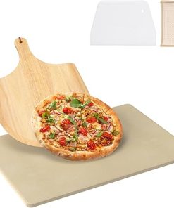 DcYourHome Universal Extra Large Pizza Stone for Oven BBQ Grilling, 22" x 14" Natural Cordierite Rectangular Baking Stone Pizza Making Accessories with Wood Pizza Peel Plastic Scraper for Baking Bread