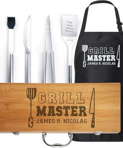 for Dad - Personalized BBQ Tool Set with Matching Apron: Custom-Engraved, Premium Grilling Accessories, for Fathers