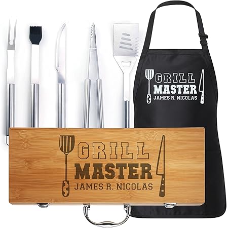 for Dad – Personalized BBQ Tool Set with Matching Apron: Custom-Engraved, Premium Grilling Accessories, for Fathers for Dad - Personalized BBQ Tool Set with Matching Apron: Custom-Engraved, Premium Grilling Accessories, for Fathers