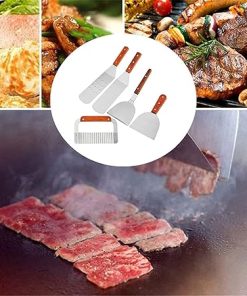 Flat Top Grill Accessory Set, Outdoor BBQ Teppanyaki and Professional Griddle Accessory Kit with Wooden Handle Stainless Steel for Camping 2