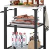 Outsunny Three-Shelf Outdoor Grill Cart with Stainless Steel Tabletop, 22" x 16.1" Multifunctional Pizza Oven Table with Hooks, Side Handle, Movable Food Prep Table with Wheels