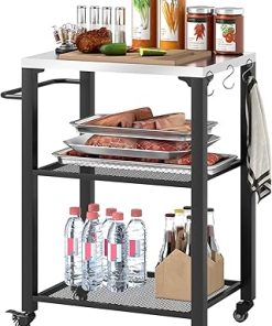 Outsunny Three-Shelf Outdoor Grill Cart with Stainless Steel Tabletop, 22" x 16.1" Multifunctional Pizza Oven Table with Hooks, Side Handle, Movable Food Prep Table with Wheels