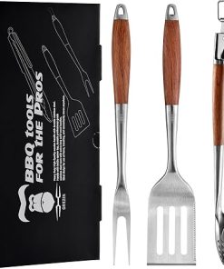 Heavy-Duty Rose Wooden BBQ Grilling Tools Set. Extra Thick Stainless Steel Multi-Function Spatula, Fork & Tongs | Essential Accessories for Barbecue & Grill. Ideal Gift for Father & Women
