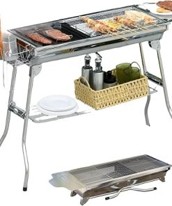 Portable Charcoal Grill, Stainless Steel Folding BBQ Grill for Camping, Tailgating, Picnic & Backyard Cooking, Compact Design with Detachable Pan, Cooking Grate, Storage Hooks & Air Vents (Silver)