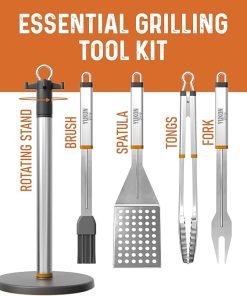 Stainless Steel BBQ Tool Set with Rotating Stand & Drip Pan | Grill Tool Kit Complete with Spatula, Tongs, Fork, Brush | Durable, Easy to Clean Grilling Kit | Essential BBQ Tools 2