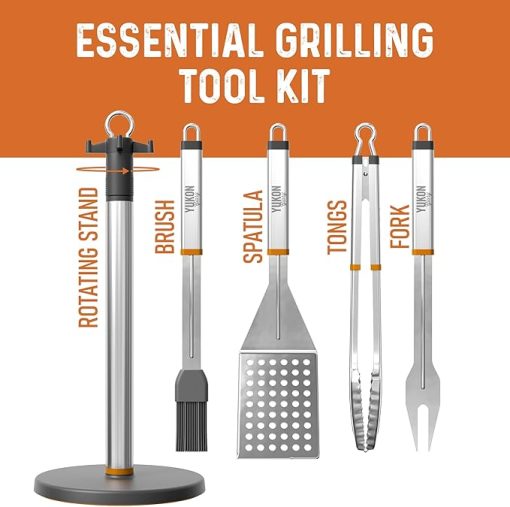 Stainless Steel BBQ Tool Set with Rotating Stand & Drip Pan | Grill Tool Kit Complete with Spatula, Tongs, Fork, Brush | Durable, Easy to Clean Grilling Kit | Essential BBQ Tools - Image 2