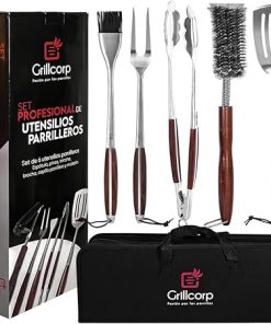 6-Piece BBQ Professional Tool Set – Stainless Steel Grilling Utensils with Wooden Handles, Grill Cleaning Brush,Spatula, Fork,Tongs, Basting Brush, and Portable Carrying Case