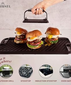 Cuisinel Cast Iron Griddle/Grill + Burger Press + Pan Scrapers – Reversible Pre-Seasoned 20″ X 10″ Dual Handle Flat Skillet + Griller Pan + Cleaning Accessories – Use Indoor/Outdoor Stove Burner, Gas 2