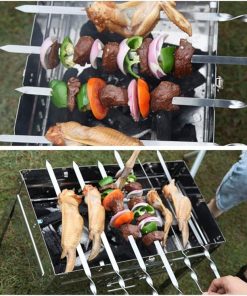 12pcs BBQ Skewer Stainless Steel BBQ Fork Set Long Flat Wood Handle Barbecue Needle Meat Grill Outdoor Tool 2