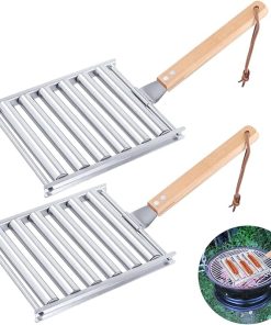 Barbecue Roller Tools, BBQ Hot Dog Roller, Stainless Steel Sausage Roller Rack with Wood Handle, Hot Dog Roller for Grill, 6.5 X 5.5 Inch, 2Pcs, Grilling Accessories for Outdoor 2