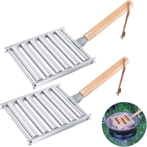 Barbecue Roller Tools, BBQ Hot Dog Roller, Stainless Steel Sausage Roller Rack with Wood Handle, Hot Dog Roller for Grill, 6.5 X 5.5 Inch, 2Pcs, Grilling Accessories for Outdoor - Image 2