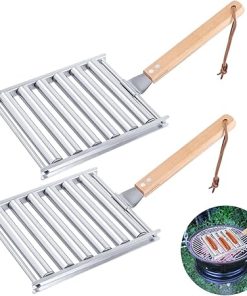 BBQ Roller Grill for Hot Dog, 2Pcs 6.5 X 5.5 Inch Stainless Steel Sausage Rack Roller with Wood Handle, Roller Barbecue Tools Accessories and Grill 2