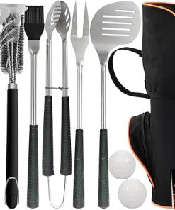 POLIGO 7PCS Golf-Club Style Grill Tools Kit with Rubber Handle Bundle with 2 Different Types Safe Grill Brush and Scraper for All Grills - Ideal Birthday Christmas Grilling Gifts for Men Dad Women