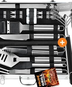 POLIGO 22 PCS BBQ Grill Accessories Set in Aluminum Case Bundle with 2 Different Types Safe Grill Brush And Scraper for All Barbecue Grills - Grilling Set Ideal Birthday Christmas Gifts for Men Dad