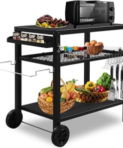 Outdoor Grill Cart Three-Shelf Grill Table, Stainless Steel Flattop Grill Cart with Two Wheels & Hooks, Multifunctional Food Prep Stand for Outside BBQ Patio Backyard(Black)