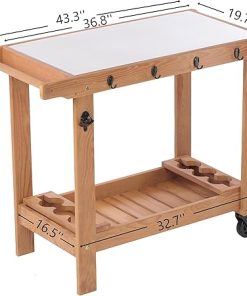 Outdoor Wooden Grill Cart Table with Wheels, Metal Top and Storage, for Patio Backyard Garden BBQ 2
