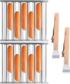 Barbecue Roller Tools, BBQ Hot Dog Roller, Stainless Steel Sausage Roller Rack with Wood Handle, Hot Dog Roller for Grill, 6.5 X 5.5 Inch, 2Pcs, Grilling Accessories for Outdoor