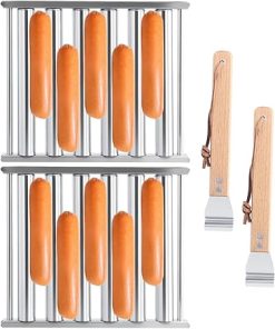 Roller Rack, Grill Roller for BBQ Hot Dog, Stainless Steel with Handle Wood, 2Pcs, Inch 5.5 X 6.5, Tools Roller Barbecue, Outdoor for Accessories Grilling