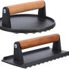 Yardwe 2pcs Cast Iron Grill Press Handheld Burger Press for Bacon Sandwiches Steaks Nonstick Surface Wooden Handle for Cooking