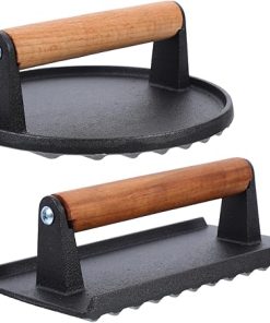 Yardwe 2pcs Cast Iron Grill Press Handheld Burger Press for Bacon Sandwiches Steaks Nonstick Surface Wooden Handle for Cooking