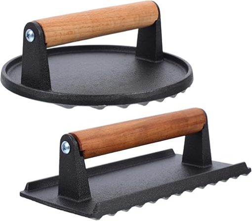 Yardwe 2pcs Cast Iron Grill Press Handheld Burger Press for Bacon Sandwiches Steaks Nonstick Surface Wooden Handle for Cooking