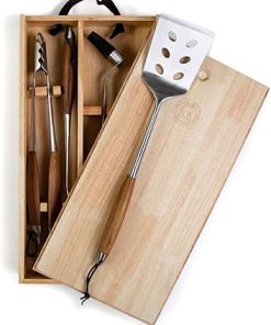 Schmidt Brothers - BBQ Bonded Teak 4 Piece Grilling Accessory Set, Full-Forged Stainless Steel Grilling Utensils Including Spatula, Fork, Basting Brush, and Tongs with All Wood Handles