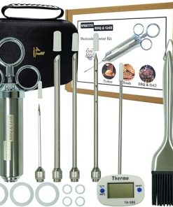 304 Stainless Steel Meat Marinade Injector Kit with Case,2oz Meat Injector Syringe Kit with 4 Marinade Seasoning Needle,Thermo,Stainless Steel Oil Brush for BBQ & Grill Smoker,Turkey & Brisket