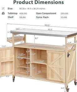 Maximize Outdoor Cooking Space with Rolling Kitchen Island, Stainless Steel Top, Spice Rack & Towel Rack, Natural Wood Finish 2