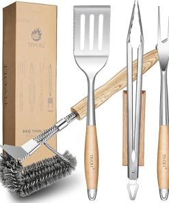 TIVOLI Grill Accessories 4PC BBQ Tools Set with Heavy Duty Stainless Steel Barbecue Spatula, Clips,Brushes, Forks Grill Tools for Outdoor Grill with Wood Handle Gill Gift Ideas for Dad Man