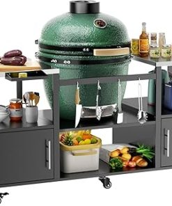 Outdoor Grill Table for Big Green Egg & Kamado Joe Jr - Heavy-Duty Metal Cart with Storage, Waterproof Wheels, Spice Rack & Tool Hooks - Black/Silver