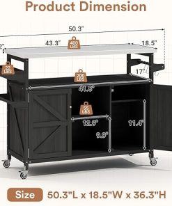 Outdoor Grill Cart, Stainless Steel Tabletop Outdoor Kitchen Island, Solid Wood Outdoor Buffet Cabinet with Lockable Wheels for Grilling, Black 2