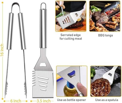 BBQ Grill Accessories Set, 34 Piece Stainless Steel Tools with Carrying Case, Includes Spatula, Tongs, Skewers, Thermometer, Grill Mats - Image 2