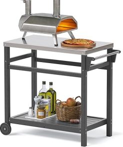KORVOS Portable Outdoor Grill Cart with HDPE Legs,Stainless Steel Top&Double-Shelf Storage for BBQ Prep Table，A Long-Lasting Dining Cart Suitable for Outdoor&Indoor Use, Grey 2