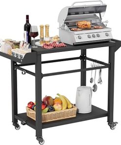 Outdoor Grill Cart for Blackstone Griddle & Pizza Oven, 41" L x 20" W BBQ Prep Table with Seasoning Tray, Tool Hooks, Handrail & Wheels, Heavy-Duty Portable Cooking Cart for Camping