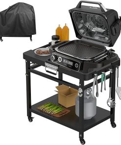 Grill Stand for Ninja Woodfire Outdoor Portable Prep Cart Table Station for Ninja XSKUNSTAND OG700 OG800 OG900 OO101 Series and Smoker Pizza Oven Accessories with Wheels & Grill Cover