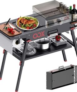 OOX Portable Grill Table with Double-Shelf for Outdoor Prep,Folding Grill Stand Fits Blackstone Griddle 17 Inch 22 Inch, Tabletop Propane Gas Grill Cart, Camping BBQ Cooking, Stainless Steel, Black