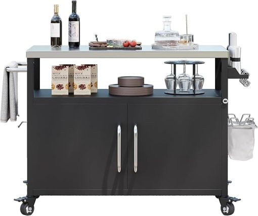 54.5" Outdoor Grill Cart with Storage Cabinet, Metal Grill Cart Table with Movable Universal Wheels and Stainless Steel Top, for Patio, Kitchen Prep, Grilling Accessories, Black