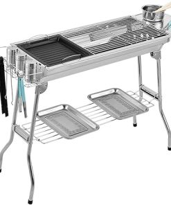 Barbecue Desk Outdoor Stainless Folding BBQ Grills Picnic Barbecue Rack Grill Charcoal Stove Picnic Accessories Suitable for 3-6 Person，Silver Tabletop Barbecue