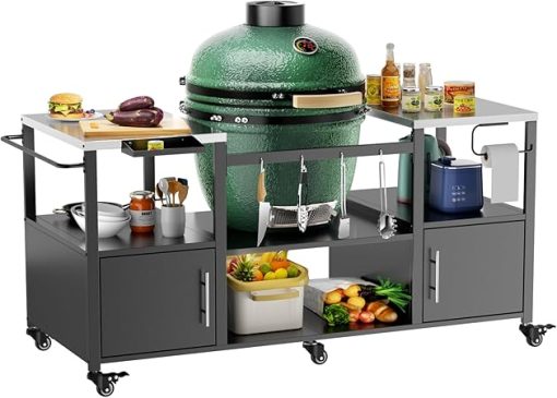 67" Outdoor Grill Table for Big Green Egg Style BBQ, Metal Grill Cart with 2 Folding Panels, Outdoor Grill Station Prep Table, Grill Nest Compatible with Big Green Egg and Other 20/21/22 inch Models