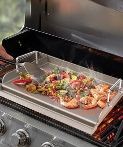 Utheer Cast Iron Griddle for Gas Grill, 25″ x16″ Flat Top for Outdoor Grill Rectangular Plate with Removable Handles for Charcoal Camping, Tailgating, and Parties 2